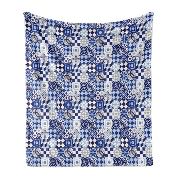 Antique Soft Flannel Fleece Blanket, Vintage Patchwork Inspired Mosaic Tile Pattern Traditional Classic Design, Cozy Plush for Indoor and Outdoor Use, 60" x 80", Blue Navy Blue White, by Ambesonne