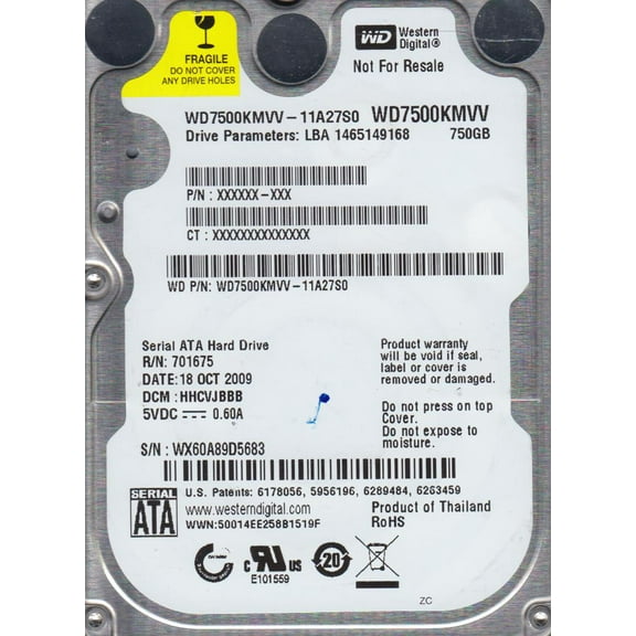 WD7500KMVV-11A27S0, DCM HHCVJBBB, Western Digital 750GB USB 2.5 Hard Drive