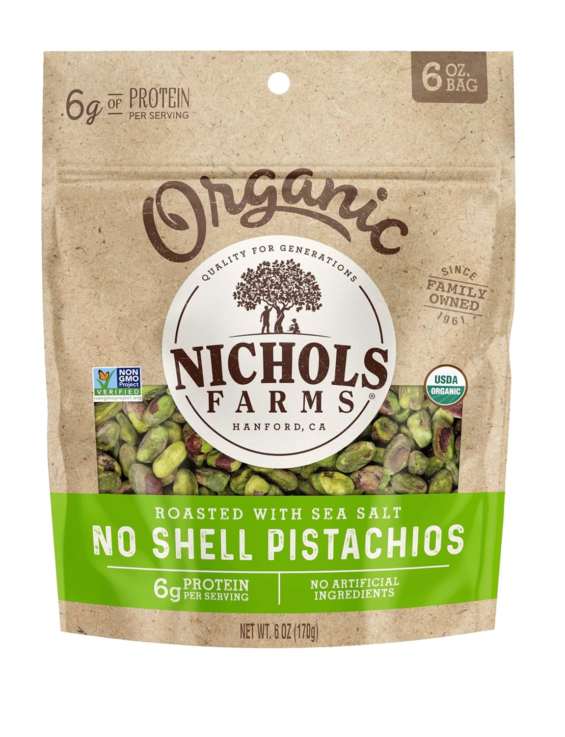 Nichols Farms - Pistachio Organic Grade 2 No Shell Roasted Salted - Case Of 15-6 Ounces