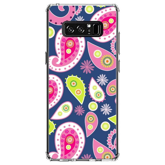 DistinctInk Clear Shockproof Hybrid Case for Samsung Galaxy Note 8 - TPU Bumper, Acrylic Back, Tempered Glass Screen Protector - Pink Green Navy Paisley