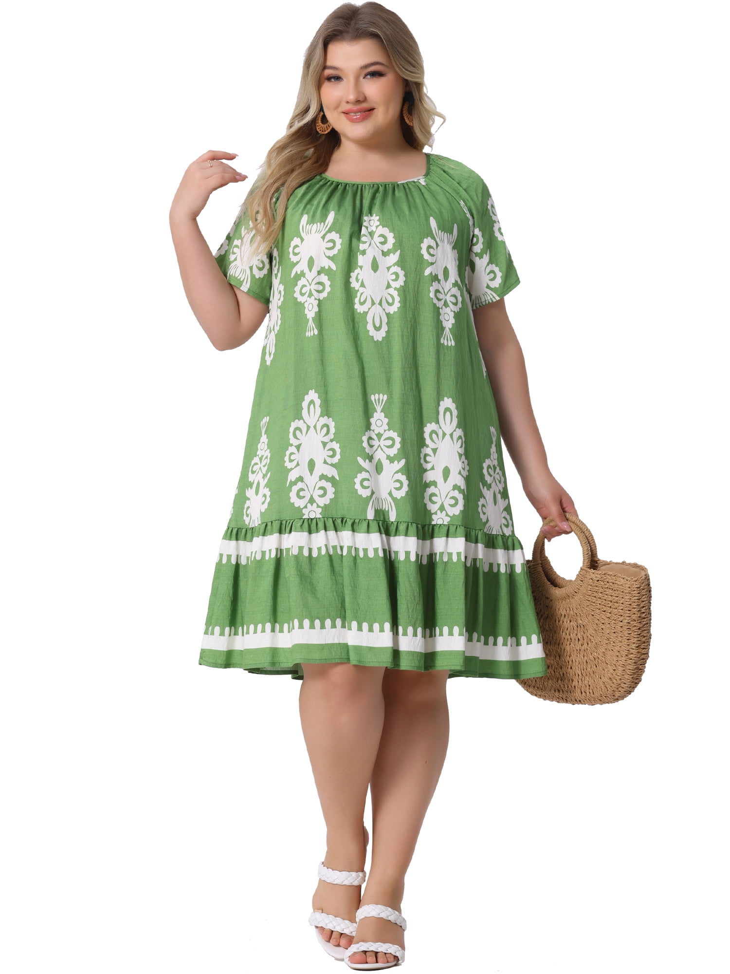DARING DIVA Plus Size Summer Boho Short Sleeve Flared Midi Dress 3X Green