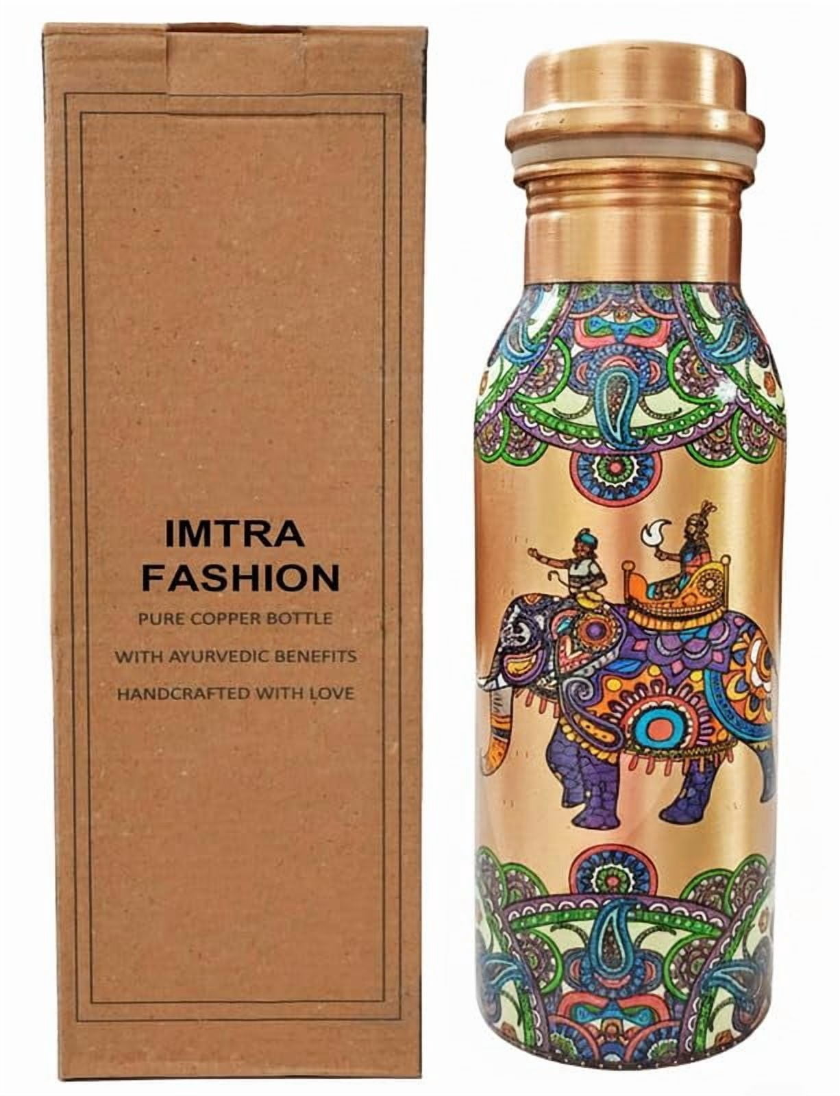 IMTRA FASHION Small Copper Water Bottle Combo 17 OZ/500 ML Color Engraving Work Drinking Flask Ayurvedic Leakproof Bottle for Sports, Yoga