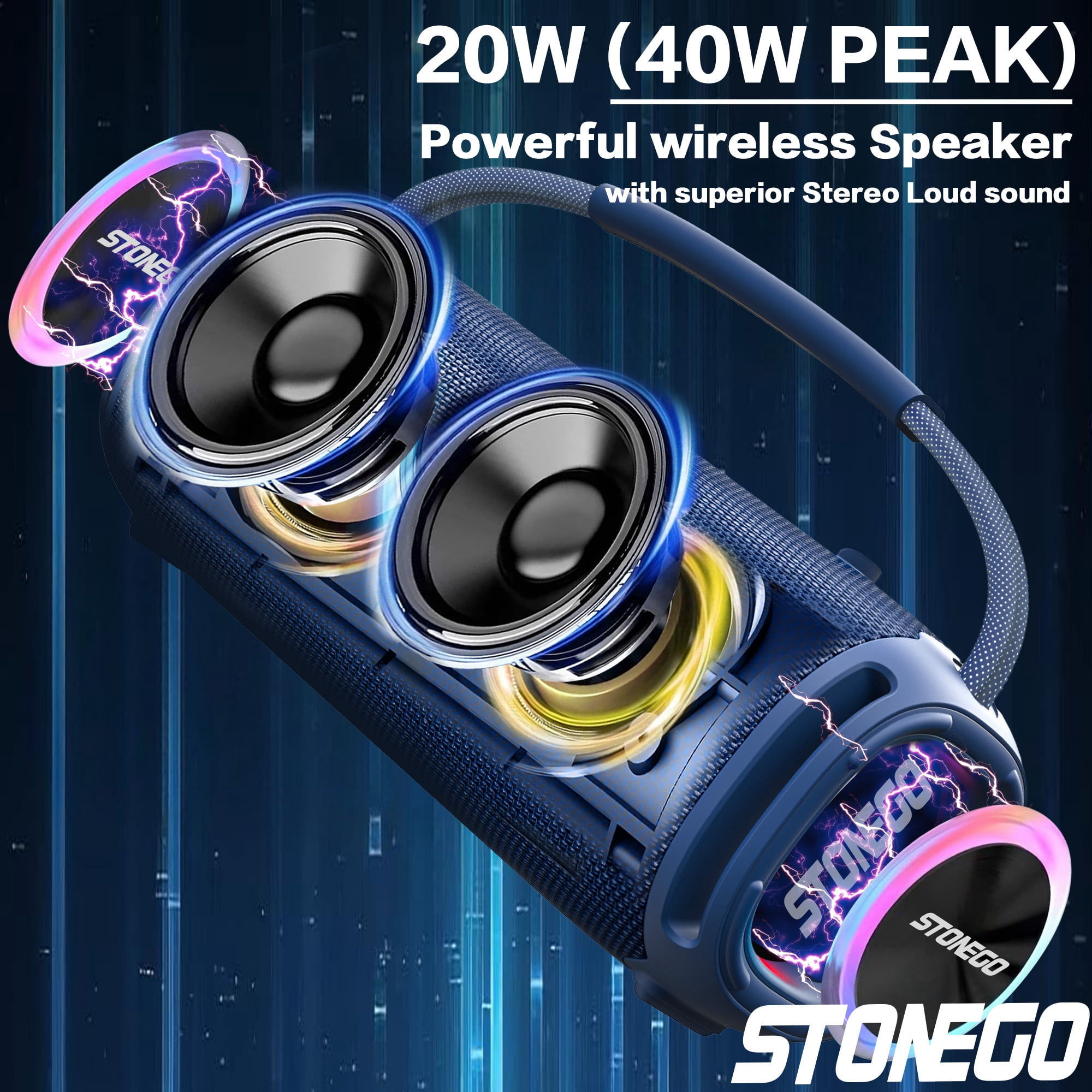 STONEGO Portable Handheld Bluetooth Speaker, Bluetooth 5.3 Wireless RGB Flash Dual Speakers, TWS Heavy Bass Stereo, IPX6 Waterproof, USB-C Charging, 3000mAh Battery, with FM Mode