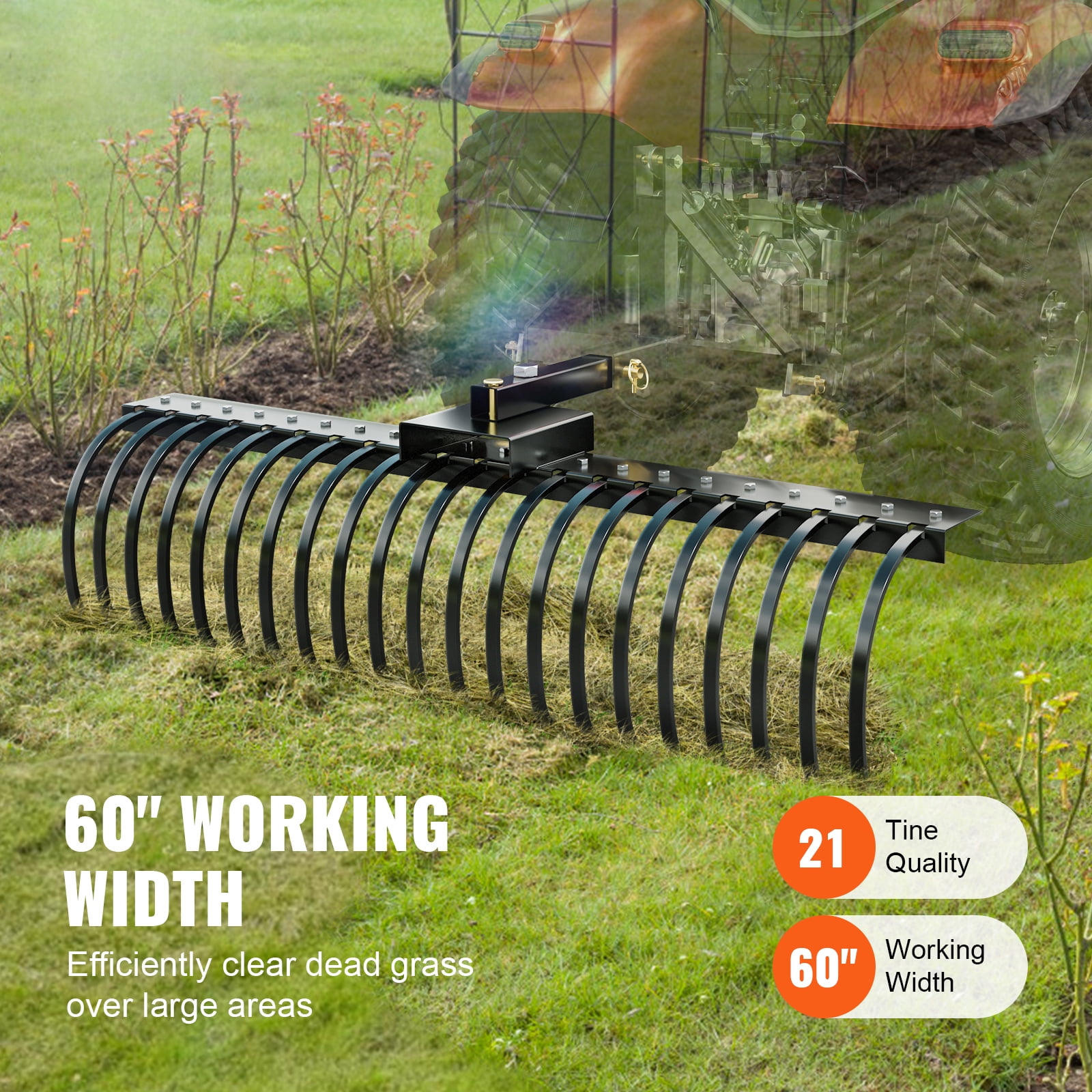 KFFKFF Landscape Rake, 60" Tow-Behind Dethatcher, Equipped with 21 Durable Steel Tines, Compatible with 48" or 60" Toolbars & 3-Point Hitch Systems, Ideal for Collecting Leaves