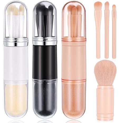 Juego de 3 brochas de viaje para maquillaje, 4 en 1, mini brocha portátil para labios, base para mezclar polvo, sombra de ojos, brocha para mujeres, juego retráctil facial