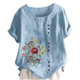 thumbnail image 2 of DTBPRQ Women's Linen Shirts Embroidered Blouse Cotton Linen Short Sleeve Boho Mexican Tunic Top Casual T Shirt, 2 of 4