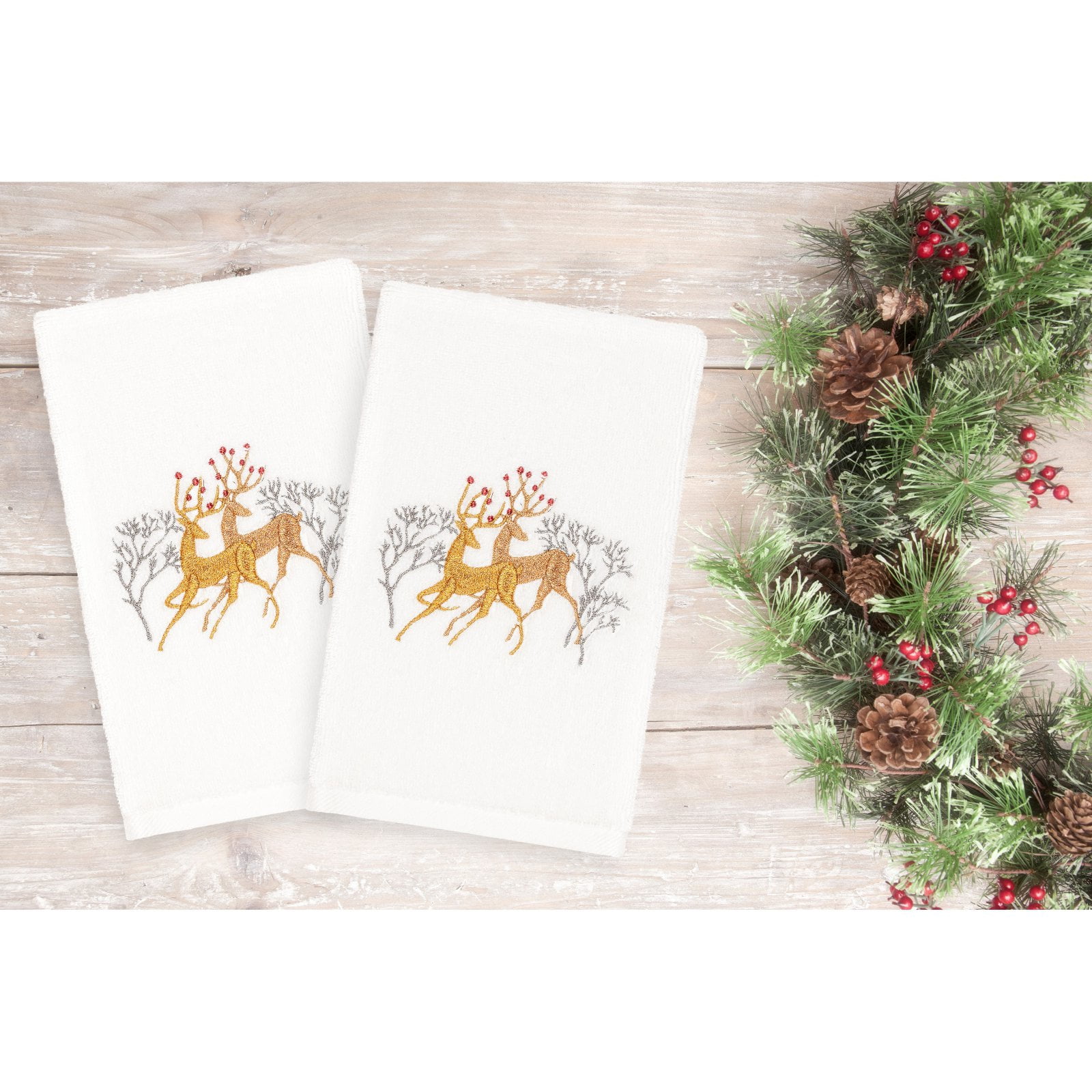 Linum Home Textiles Christmas Deer Pair Embroidered Turkish Cotton Hand Towel - Set of 2