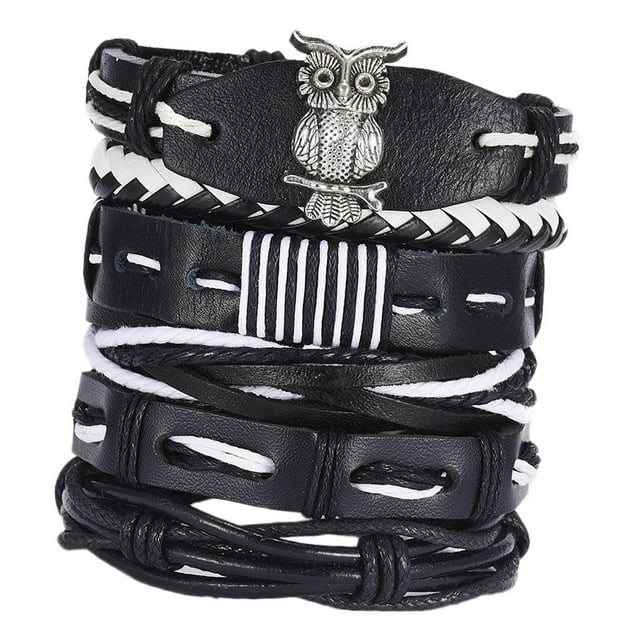 Pulsera de cuero tejida estilo retro, ajustable, 6 unidades, diseño de búho Búho 6pcs