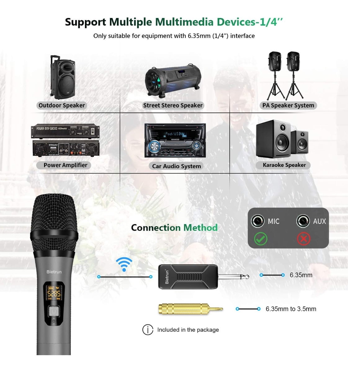 Wireless Microphone, Bietrun UHF Metal Dual Handheld Cordless Dynamic Mic System with Rechargeable Receiver, 1/4‘’Output, for Karaoke, Church, Speech, Wedding, Party Singing(160 ft Range)