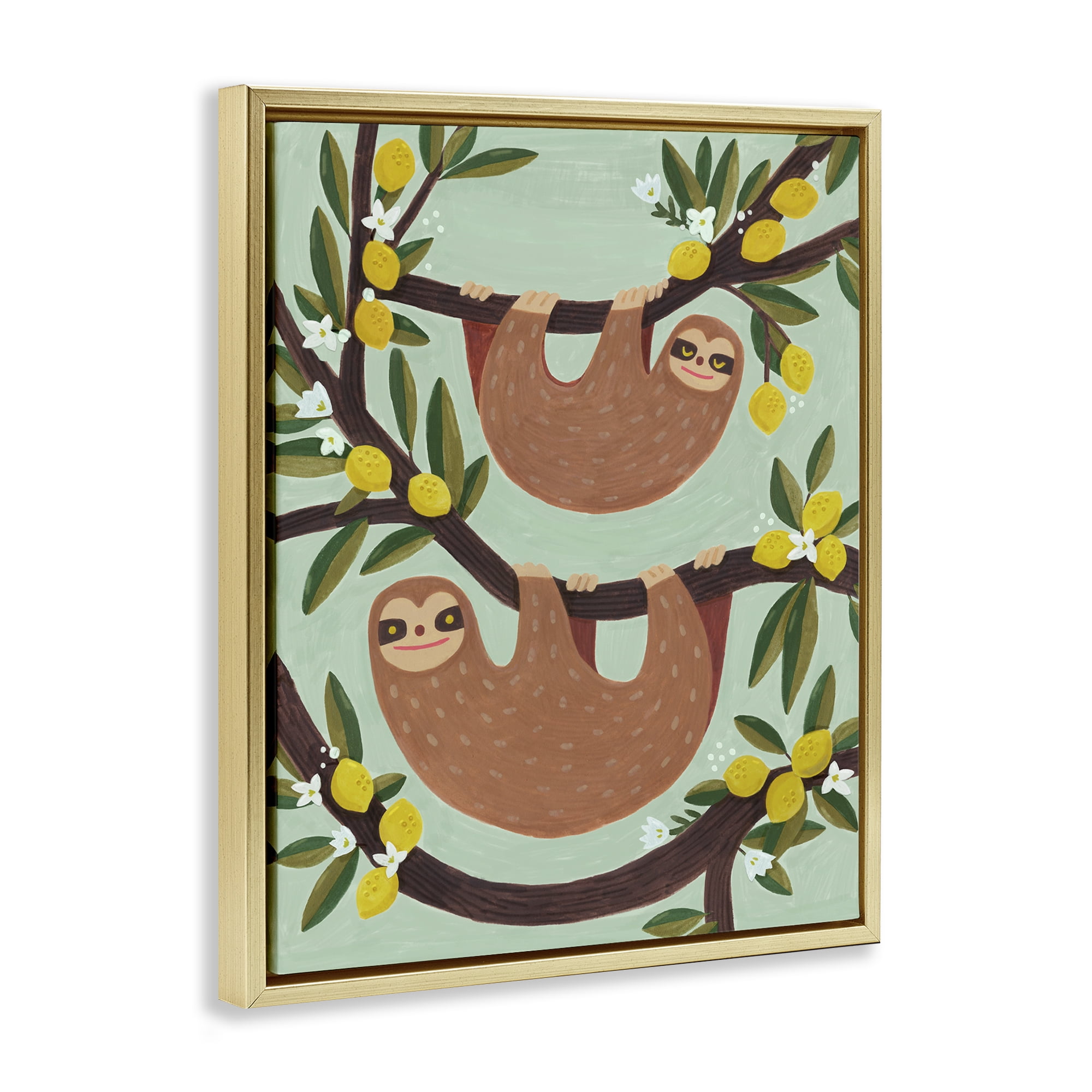 Stupell Industries Sloths on Lemon Tree Branches Animals Painting Gold Floater Framed Canvas Art Print Wall Art, 25 x 31