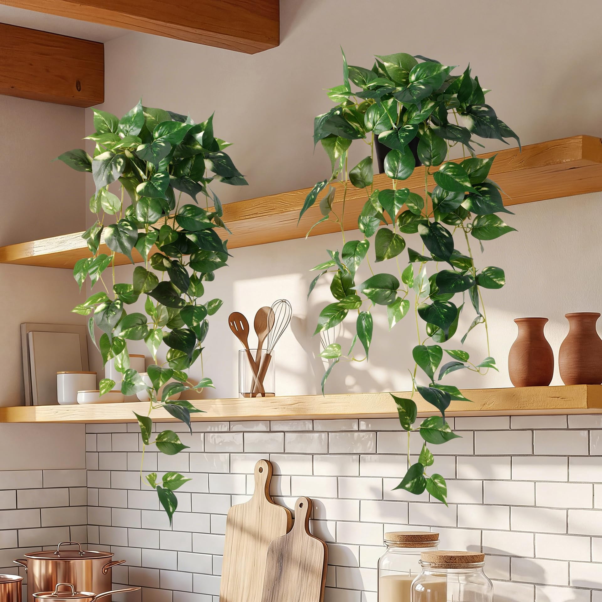 Fake Hanging Plants with Pots - Realistic Artificial Plant for Indoor Outdoor, 33In Silk Fake Potted Plants, 2PC Faux Ivy Vine for Shelf Tabletop Office Decor, Dark Green