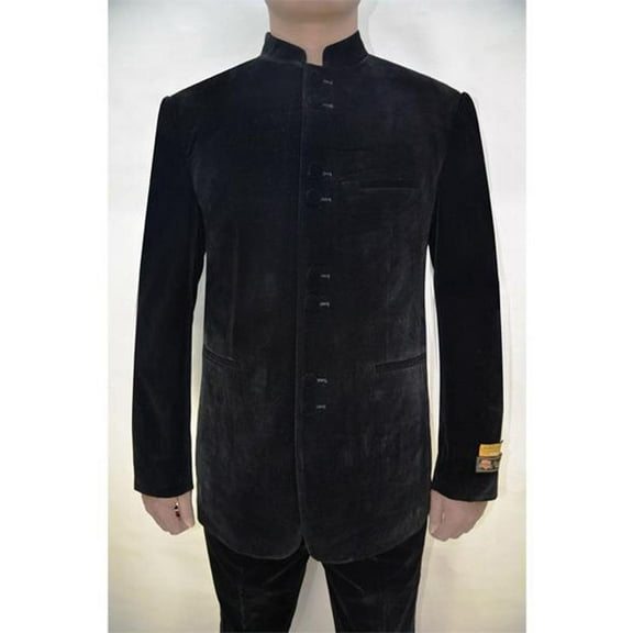 Mens Eight Button Mandarin Banded Collar Black Velvet Fabric Suits