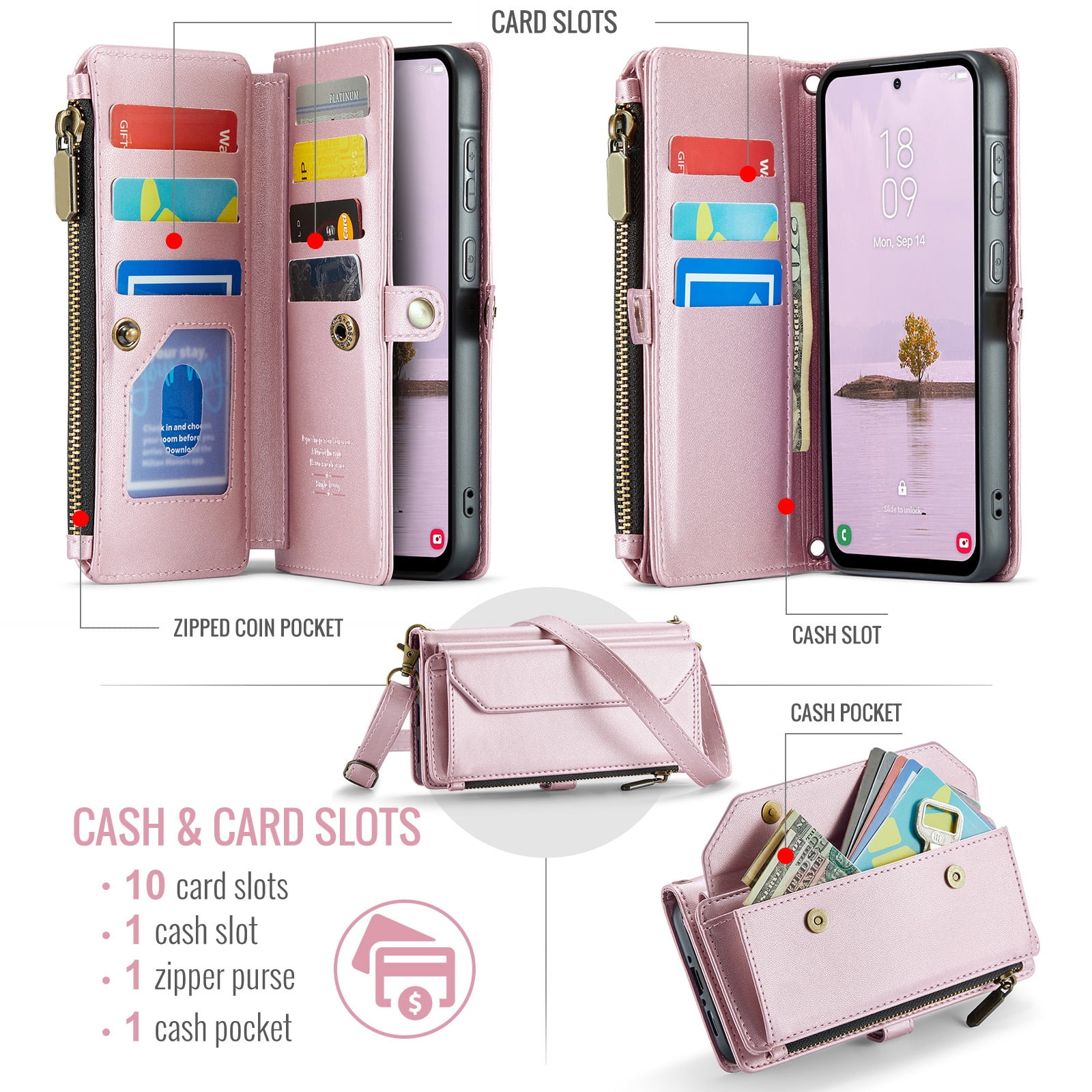 Asuwish Compatible with Samsung Galaxy A56 5G Zipper Wallet Phone Case Tempered Glass Screen Protector Crossbody Lanyard Strap Flip Card Holder Slot Cell Cover for A 56 56A LTE Women Girls Rose Gold