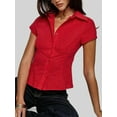 thumbnail image 2 of Women Y2k Short Sleeve Button Up Shirt Lapel Collar V Neck Plaid Open Front Blouse Basic Casual Going Out T-Shirt Red L, 2 of 7