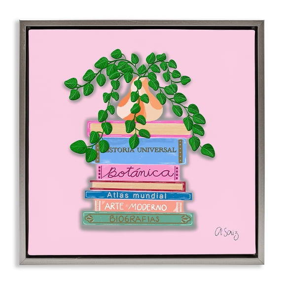 Stupell Industries Contemporary Bookstack with Plant Vase Gray Floating Frame Canvas Art, 18 x 18, by Ale Saiz Studio