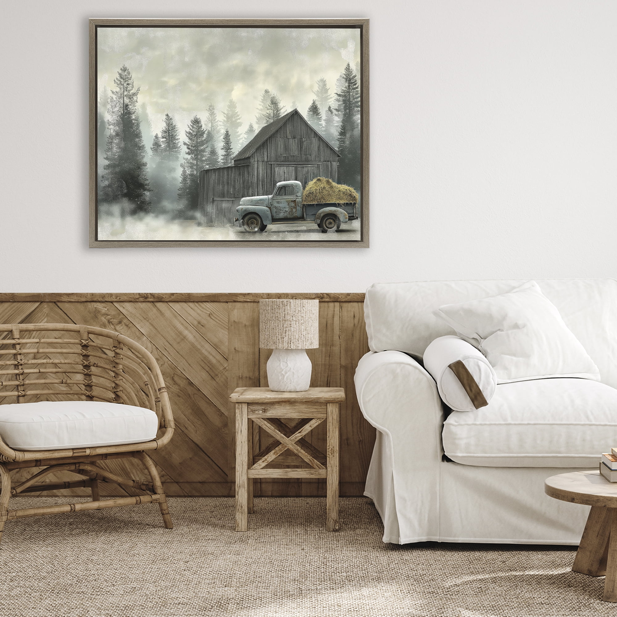 Stupell Industries Vintage Pickup at Misty Barn Brown Framed Floater Canvas Wall Art, design by Imagine It Images