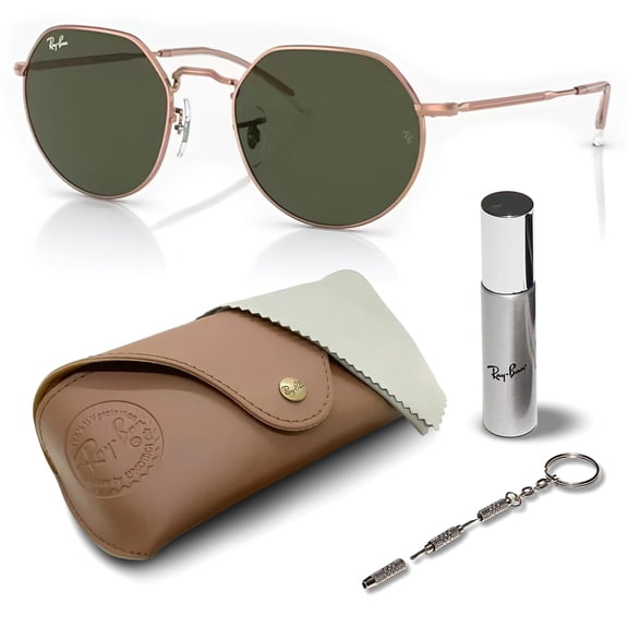 Ray-Ban RB3565 JACK ROSE GOLD Square-Round Shaped Non-Polarized Sunglasses for Men & Women - Includes Official RAYBAN Eyewear Kit - Ideal Formal & Casual Wear Sunglasses - Green Lens