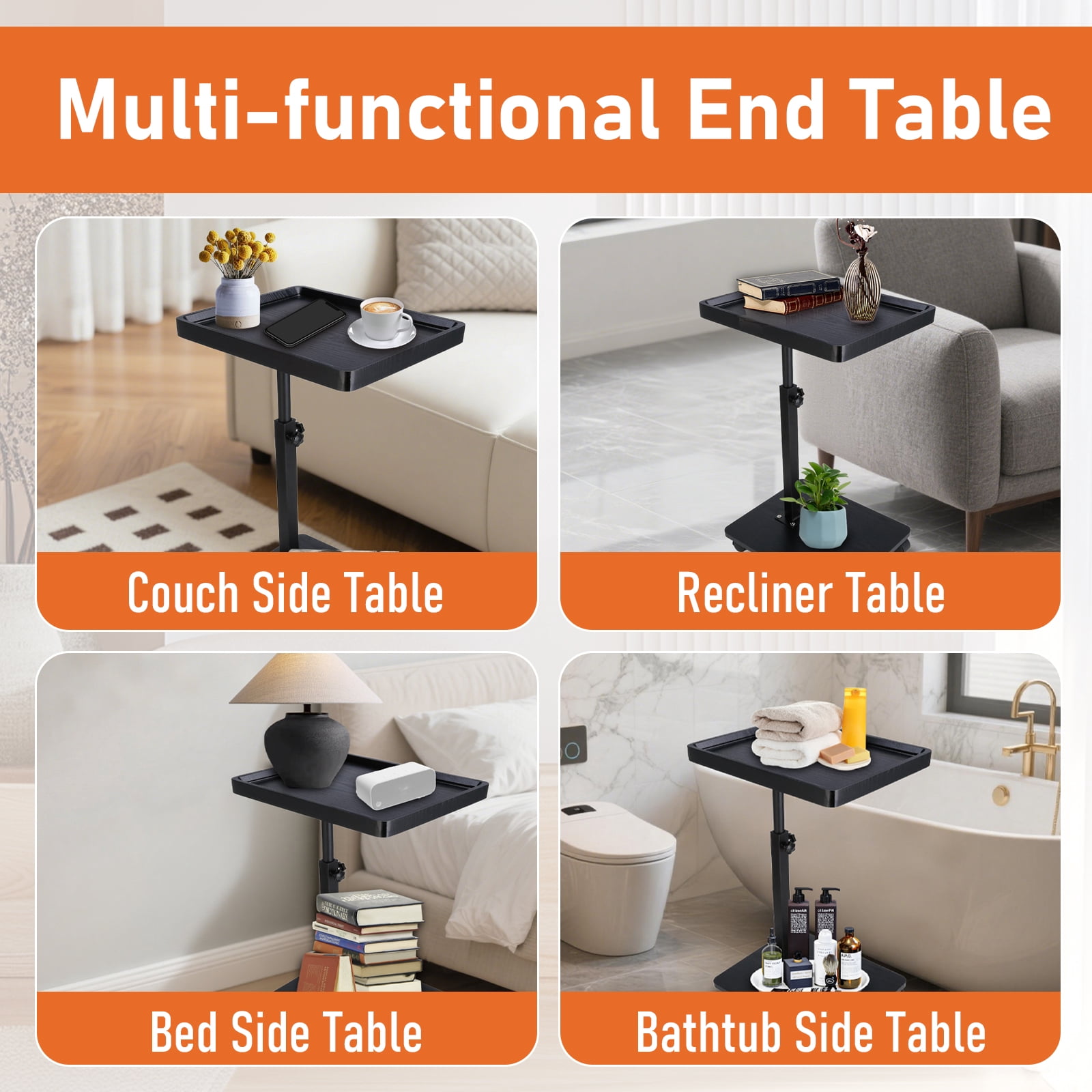 ManyFun C Shaped Side Table End Table, 360° Swivel and Adjustable Height ,living room and bedroom (Black)