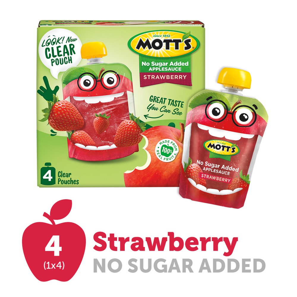 Mott's No Sugar Added Strawberry Applesauce, 3.2 oz clear pouches, 4