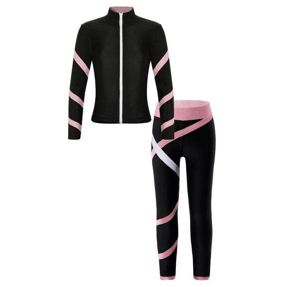 Doomiva Kids 2 Pcs Tracksuit Gymnastic Figure Skating Training Suit Jacket with Legging Set Pink 10