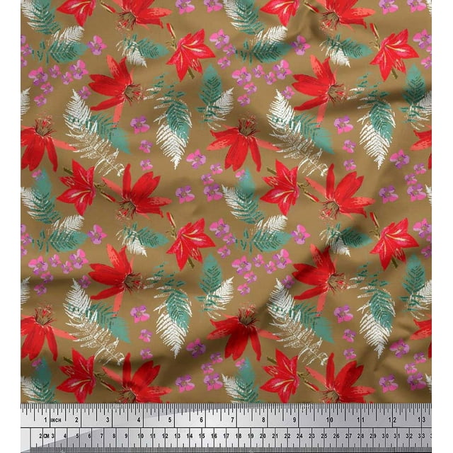Soimoi Poly Georgette Fabric Spruce Leaves & Lily Floral Print Fabric by Yard 42 Inch Wide
