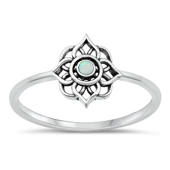 CHOOSE YOUR COLOR White Simulated Opal Lotus Mandala Ring .925 Sterling Silver Band CZ Female Size 9