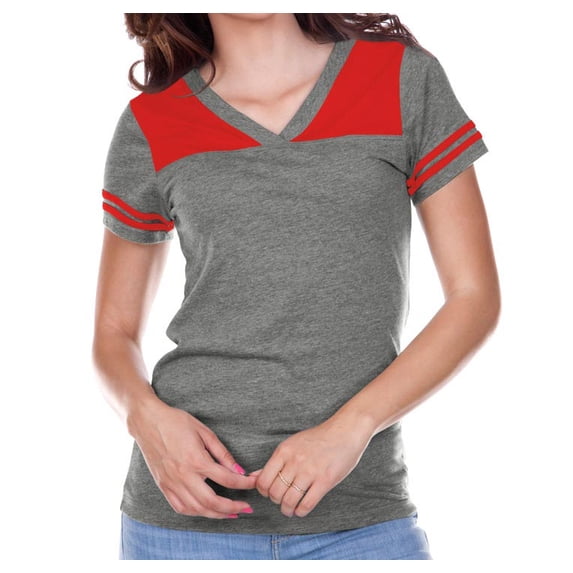 Kavio Juniors V Neck Contrast Football Jersey Tee JJP0604 - Dark Heather Gray/Red - Medium