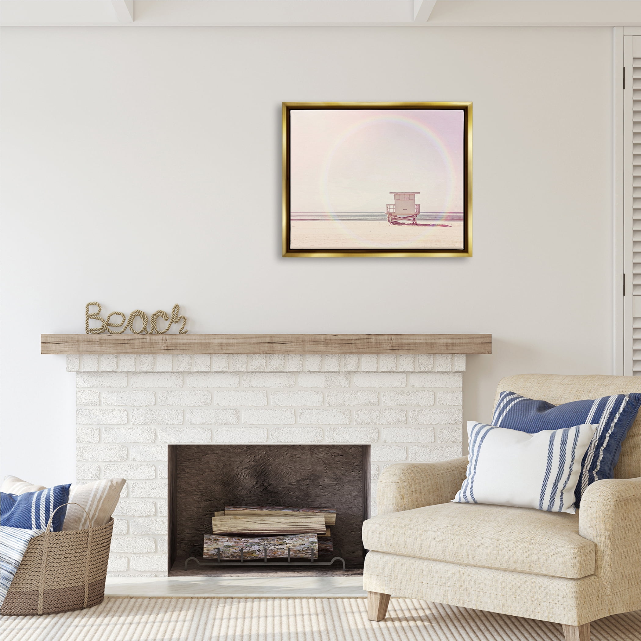 Stupell Industries Rainbow Beach Hut Photography Nature Photography Gold Floater Framed Art Print Wall Art, 31 x 25