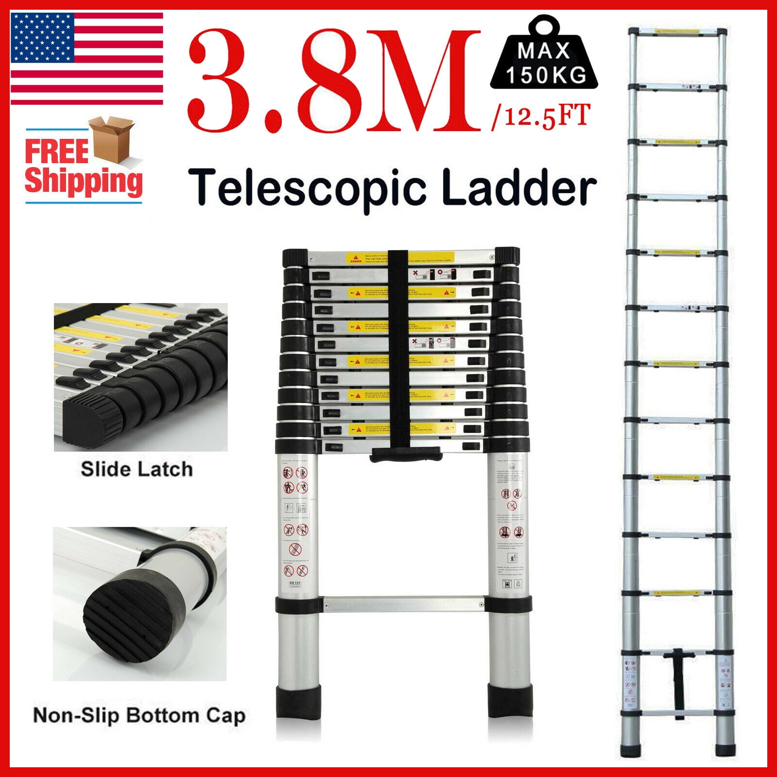 Bowoshen 12.5Ft Telescoping Step Ladder, Aluminum Telescopic Extension