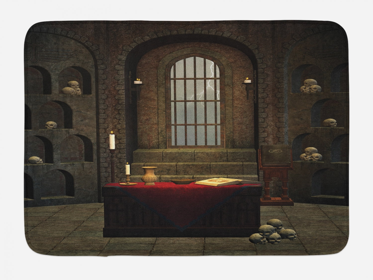 Gothic Bath Mat, Fantasy Theme Spell Casting Warlock Witch Skulls on