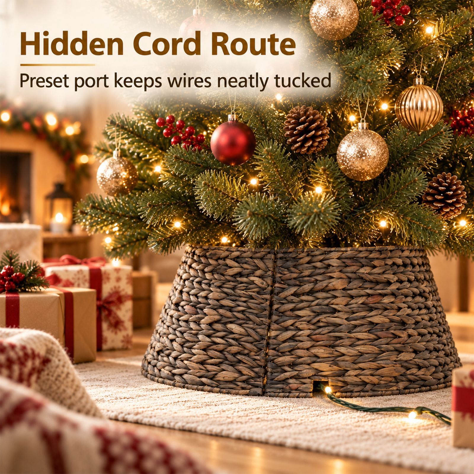 Alvantor Christmas Tree Collar, Woven Rattan Stand Cover with Cord Port, Black 24IN