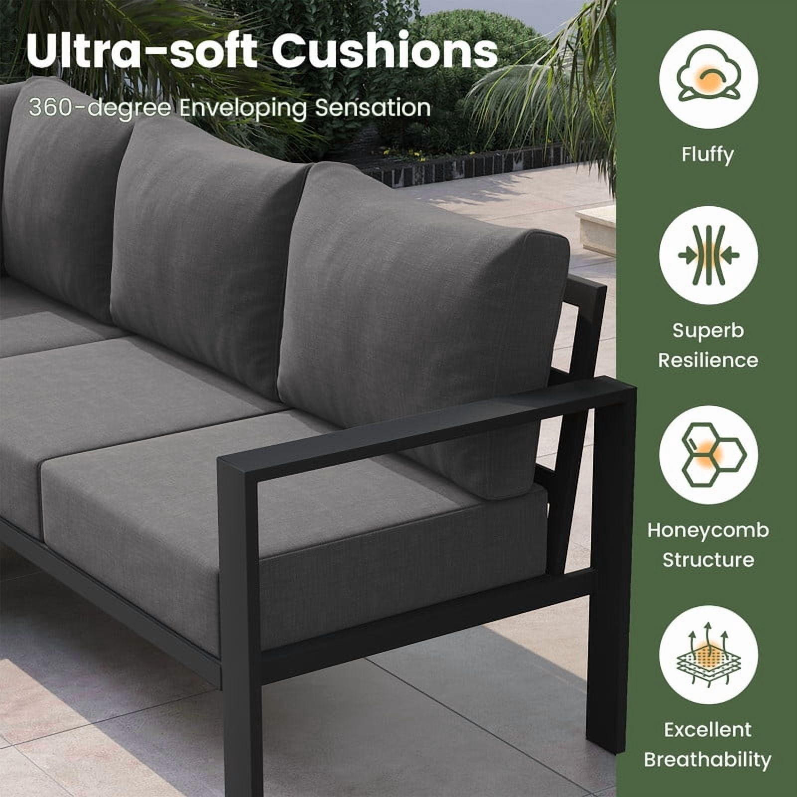 ELPOSUN 6 Pieces Patio Furniture Sets with 6" Thick Olefin Cushions, Metal Outdoor Sectional Furniture L Shape Patio Conversation Sets for Garden, Backyard, Black Frame, Gray