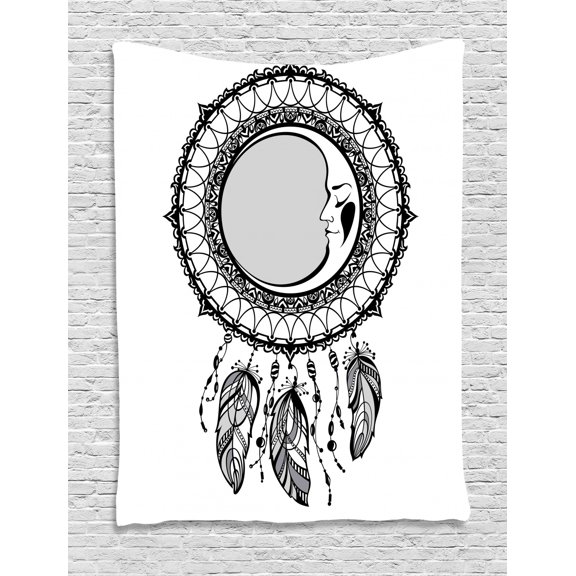 Magic Moon Tapestry, Dreamcatcher with Crescent Ornament and Feathers, Wall Hanging for Bedroom Living Room Dorm Decor, 60W X 80L Inches, Pale Taupe Dimgray Charcoal Grey and White, by Ambesonne