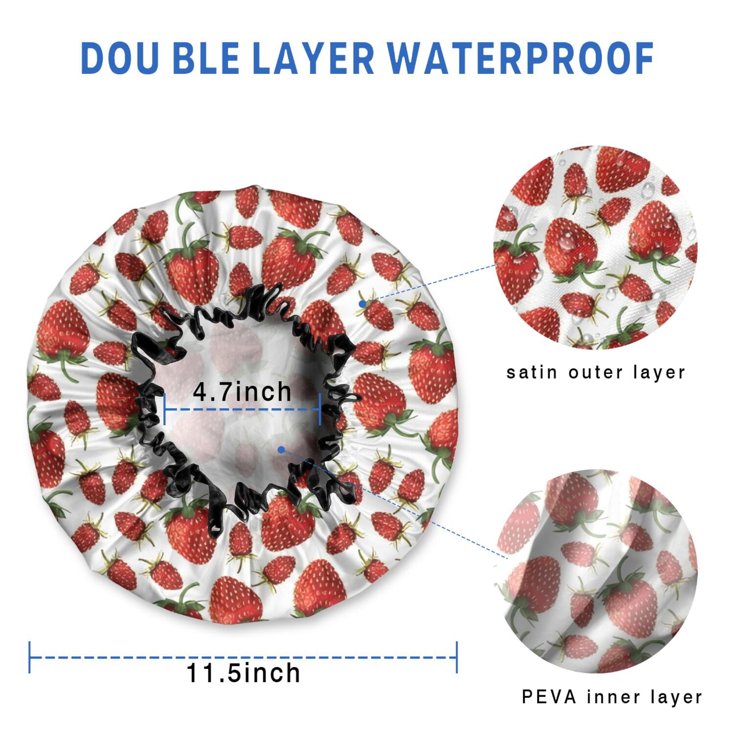 Shower Caps,Red Strawberry Plants Fruit White Pattern Waterproof Shower Cap for Women 4 Pieces,Double Reusable Hair Cover for Shower PEVA Elastic Stretch Hem