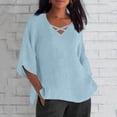thumbnail image 2 of ZyeKqe 3/4 Length Sleeve Womens Tops Cotton Linen Criss Cross V Neck T Shirts Side Split Loose Fitted Tunic Tops Blouses, 2 of 5