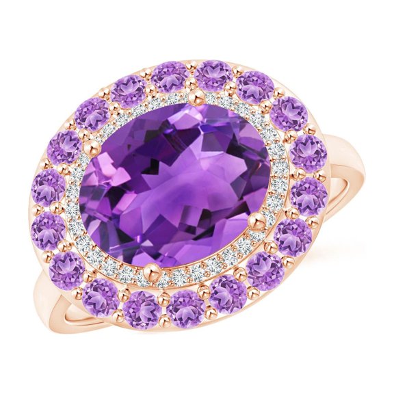 ANGARA Natural Sideways Oval 2.28 ct Amethyst Double Halo Cocktail Ring in 14K Rose Gold for Women (Size-10x8mm) | February Birthstone, Anniversary, Jewelry Gift for Women | Natural Amethyst Ring