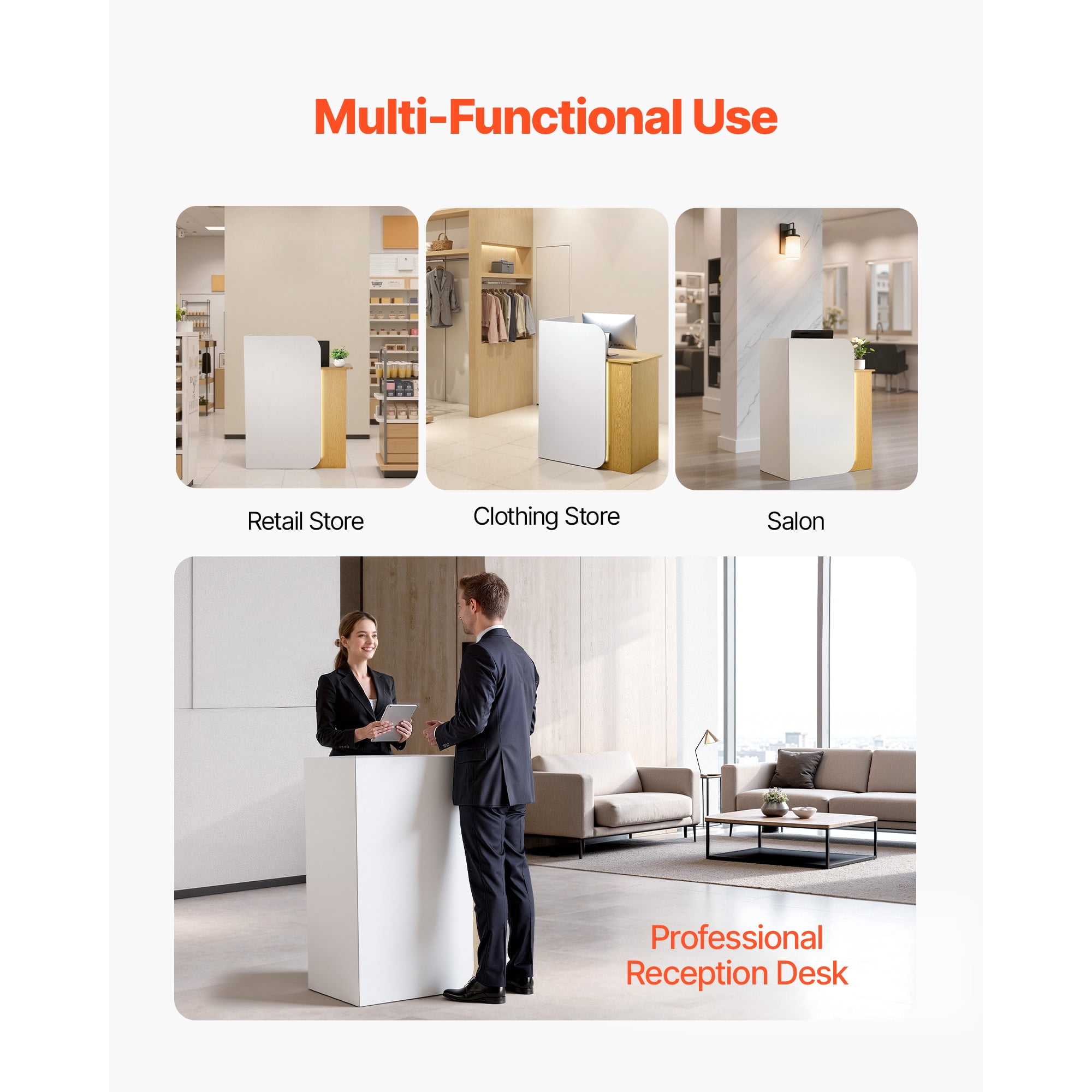 KFFKFF Reception Desk, 31.5-Inch Rectangular Front Counter Table, Modern Office Desk with LED Lighting, 2 Storage Drawers & Power Outlets, Counter Table for Checkout, Lobby, Salon, or Office Use