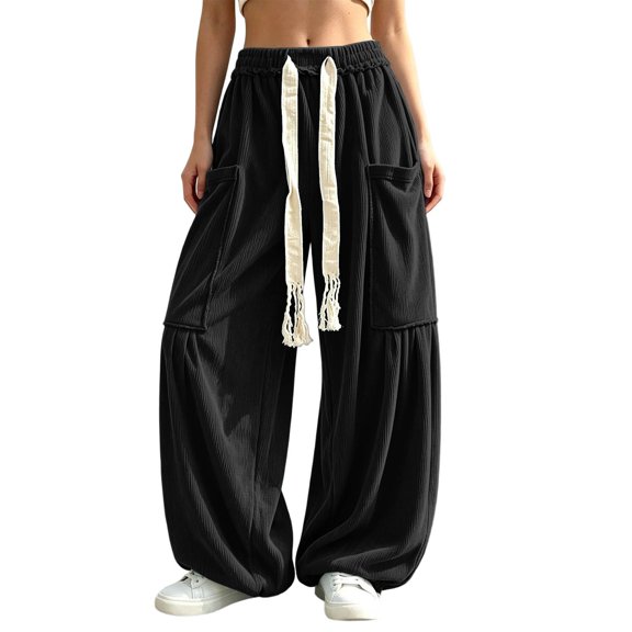 Womens Casual Cargo Pants Solid Color Drawstring Wide Leg Jogger Loose Fit Baggy Workout Trousers With Pockets