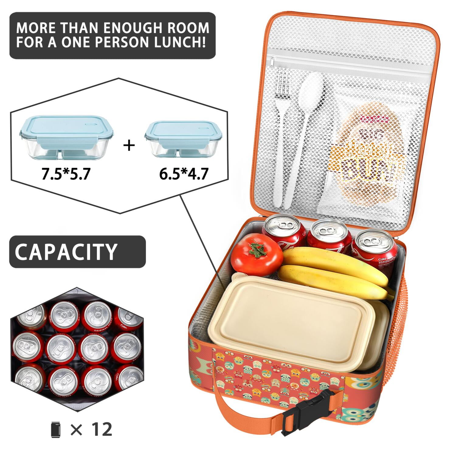 Cute Owl Lunch Bag for Women Men, Hand-Drawn Cartoon Owl with Big Eyes, Colorful Polka Dot and Night Sky Print, Insulated Bento Tote for School, Work, Travel
