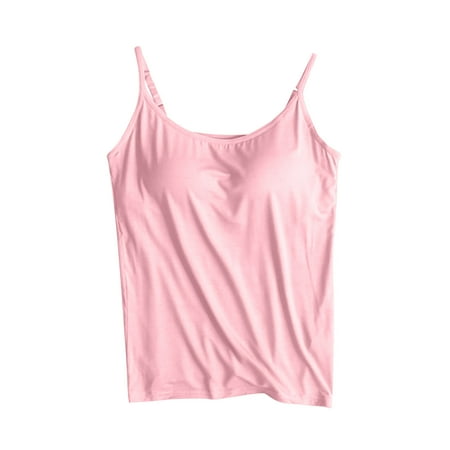 Camisole with Built in Bra for Women Summer Plain Spaghetti Straps Vest Tops Ladies Stretch Sleeveless Inbuilt Bra Tops Comfy Soft Loungwear Camisoles with Padded Bra