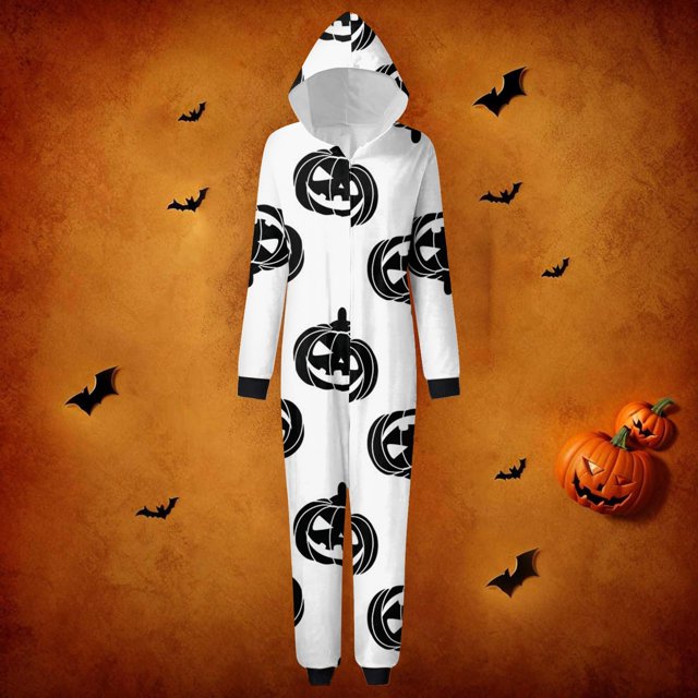 Family Halloween Pjs Matching Sets Halloween Print Long Sleeve Zippered One Piece Pajama Hooded Jumpsuit Winter Halloween Pjs Family Set
