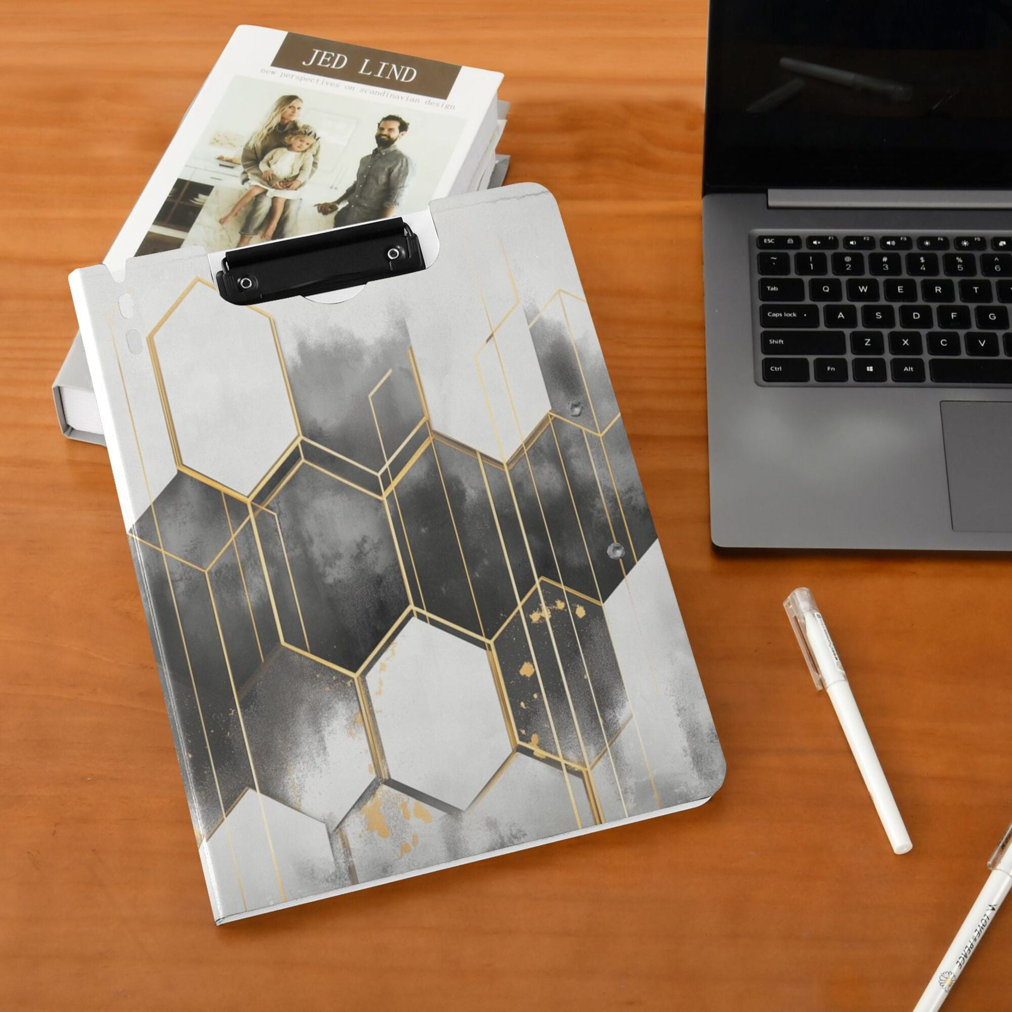FORMRS A4 Clipboard Folder with Pen Holder Horizontal Foldable School Office Binder, Gray Hexagons