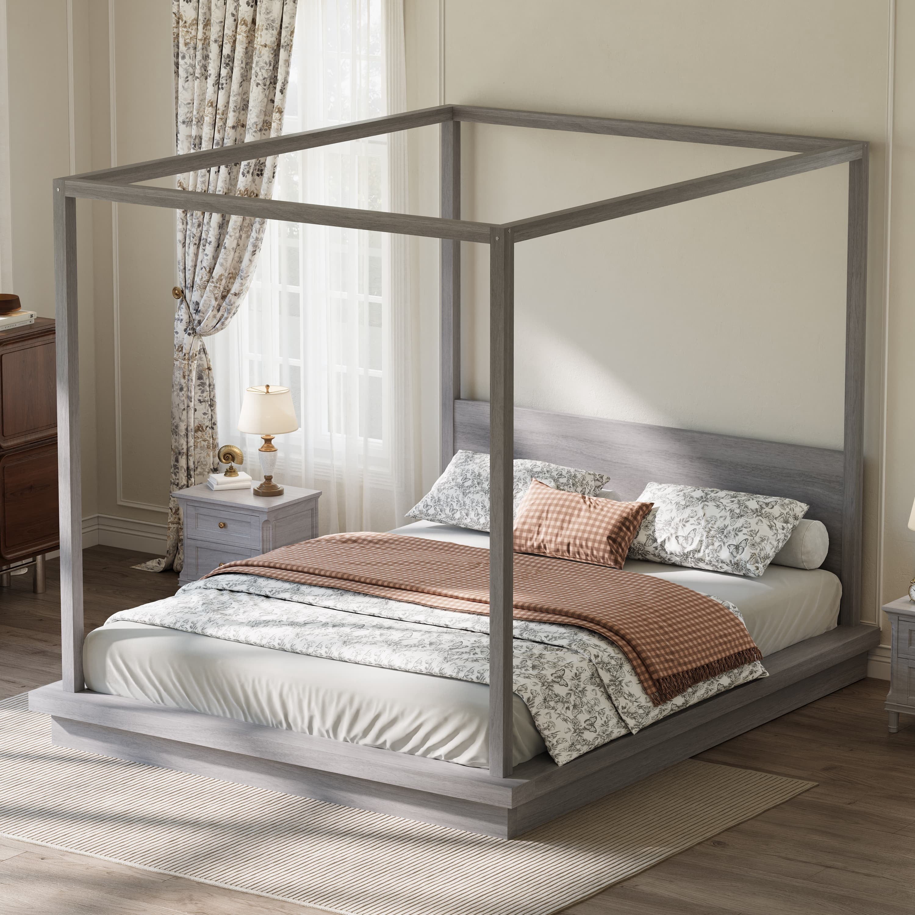 Euroco Wood King Size Canopy Bed, Four Poster Platform Bed, No Box Spring Needed, Gray
