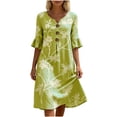 thumbnail image 2 of Dolkfu Short Sleeve Women Clothing Refreshing Mid-Length Green V-Neck Dresses Floral Classic Relaxed Fit Printed Shift Dresses Green,M, 2 of 5