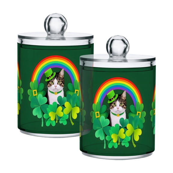 Yayeee 2 Pack Qtip Holder Bathroom Cotton Swab Canister with Lid Clear Dispenser Set, Cat Clover