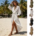 thumbnail image 2 of Quixlent Maxi Shirt Dress for Women, V Neck Long Sleeve Ruffled Tie Waist Boho Long Dress, High Slit A-line Loose Flowy Dress with Pockets, 2 of 8