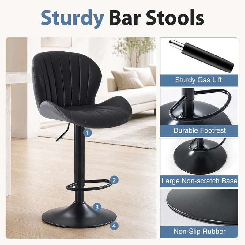 Kelno Swivel Bar Stools Set of 2 Adjustable Height Linen Seat with Backrest 360° Swivel for Kitchen Island, Black