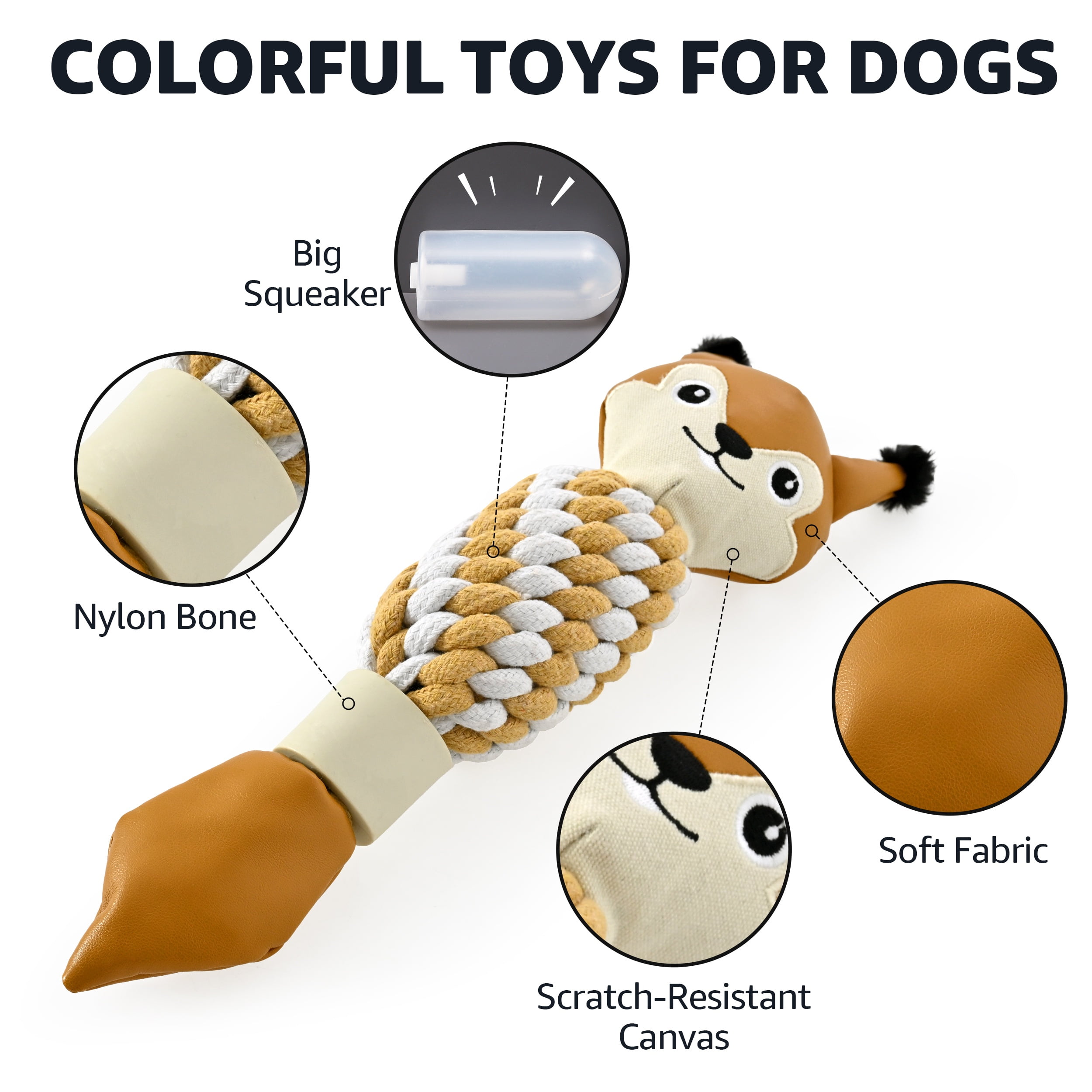 Max & Marlow Dog Chew Toys, Cotton Rope Fox Toys with Built-in Large Squeaker and Nylon Bone, 2 Pack