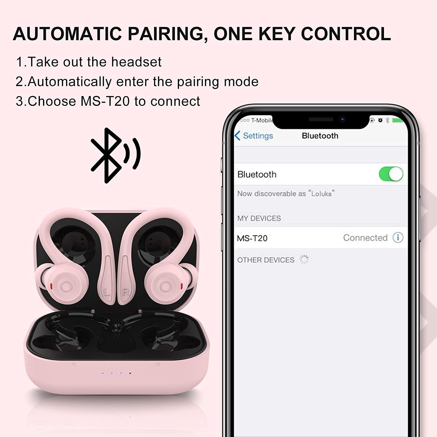 MOREFYOU MS-T20 Over-Ear Earbuds with Bluetooth 5.1, Pink