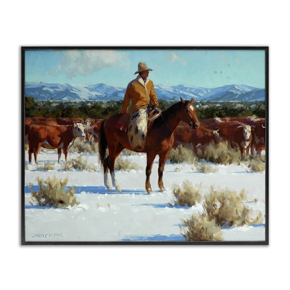 Stupell Industries Southwestern Winter Cowboy Cattle Landscape Black Framed Giclee Art, 14 x 11, by Jimmy Dyer